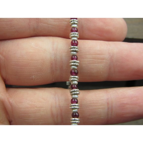 7 Inch Sterling Silver Small Garnet Orbs And White Pearls Bracelet - Picture 2 of 6